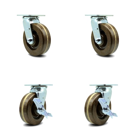Service Caster 6 Inch High Temp Phenolic Swivel Caster Set with Roller Bearings 2 Brakes SCC SCC-30CS620-PHRHT-2-TLB-2